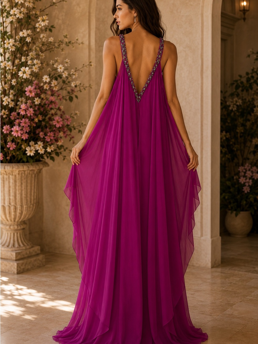 Theia Fuchsia Beaded V-Neck Maxi Gown - Picture 3 of 12